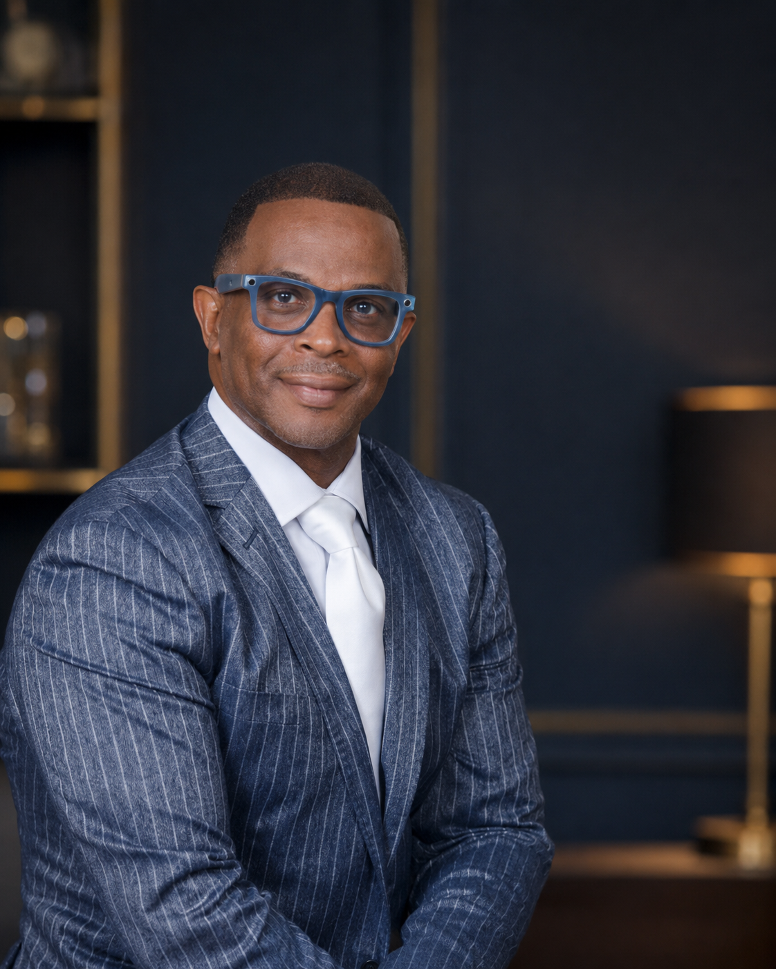 Calvin Carey in a navy pinstripe suit and blue glasses
